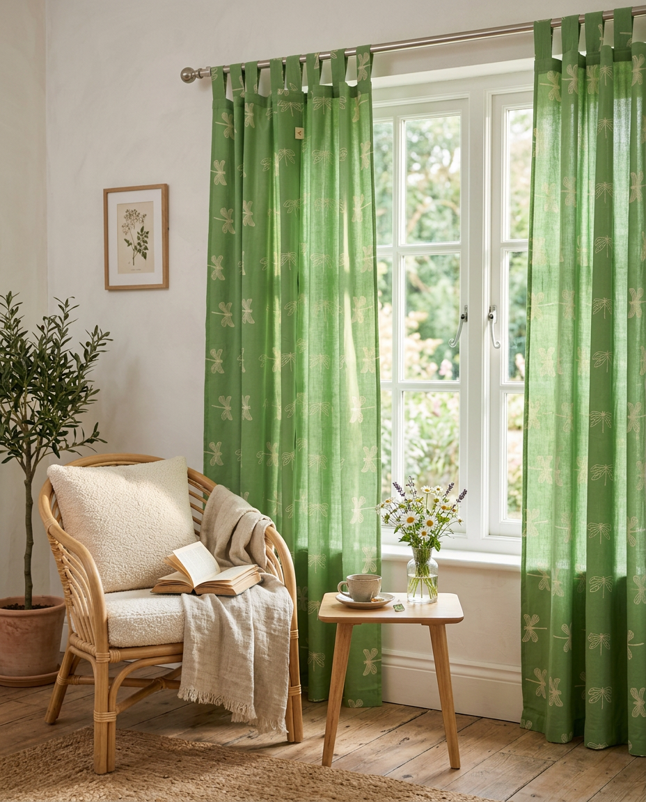 Dragonfly Green Semi-Sheer Curtain