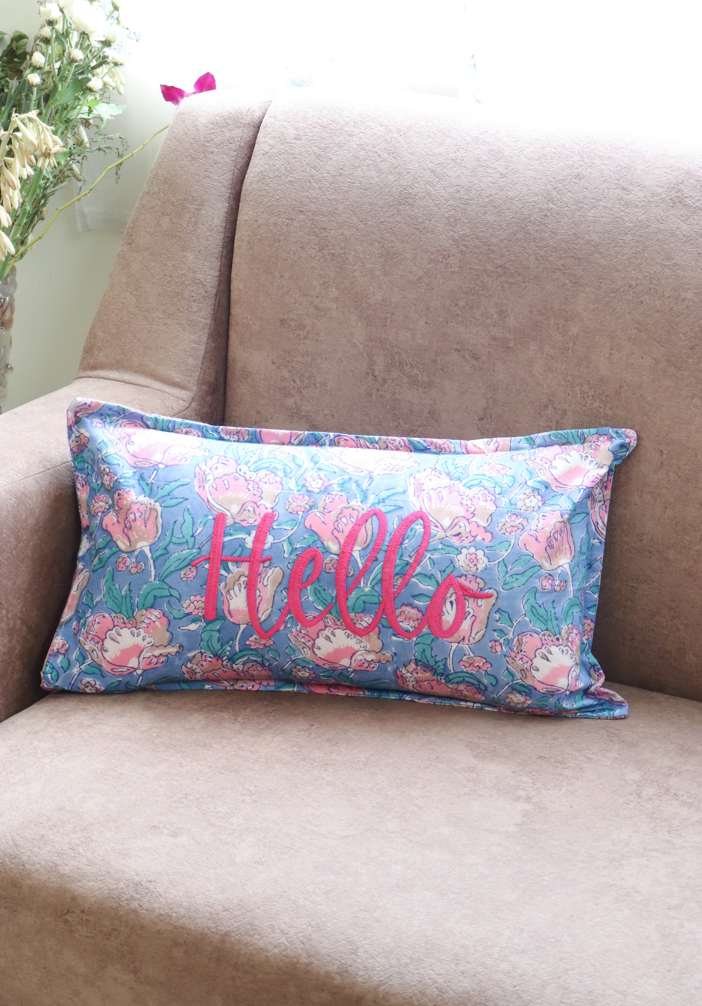 Hello Hand Embroidered Pillow 12x20 | Hand Block Printed Lumbar Cushion | Handmade Cotton Accent Pillow | Valentine Gift Decor