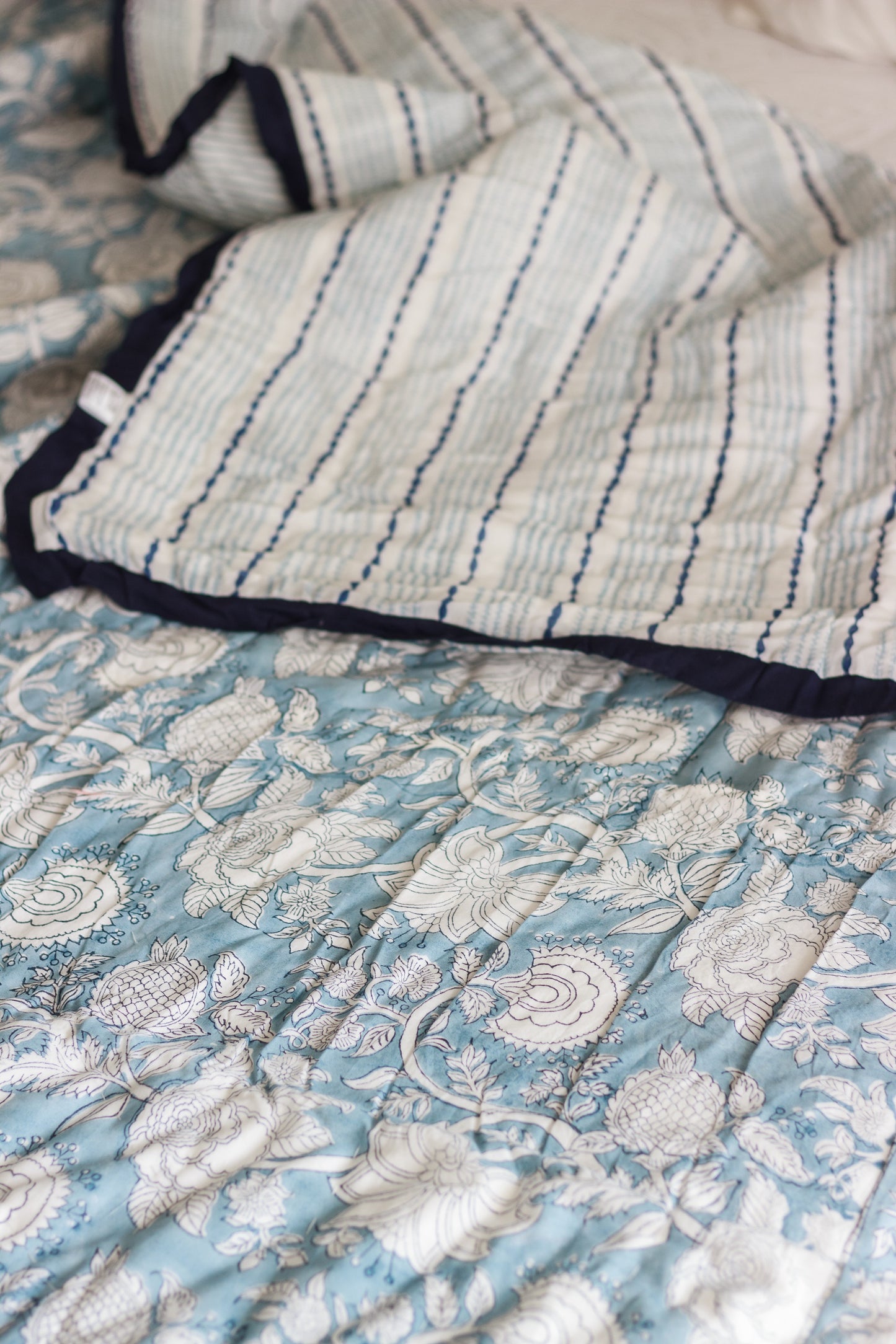 Regal Country Charm: Artisan English Blue Block Print Cotton Quilt