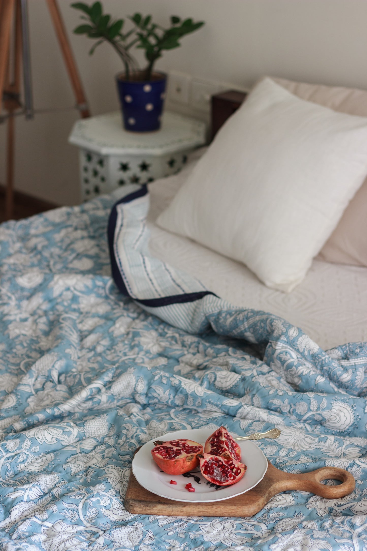 Regal Country Charm: Artisan English Blue Block Print Cotton Quilt