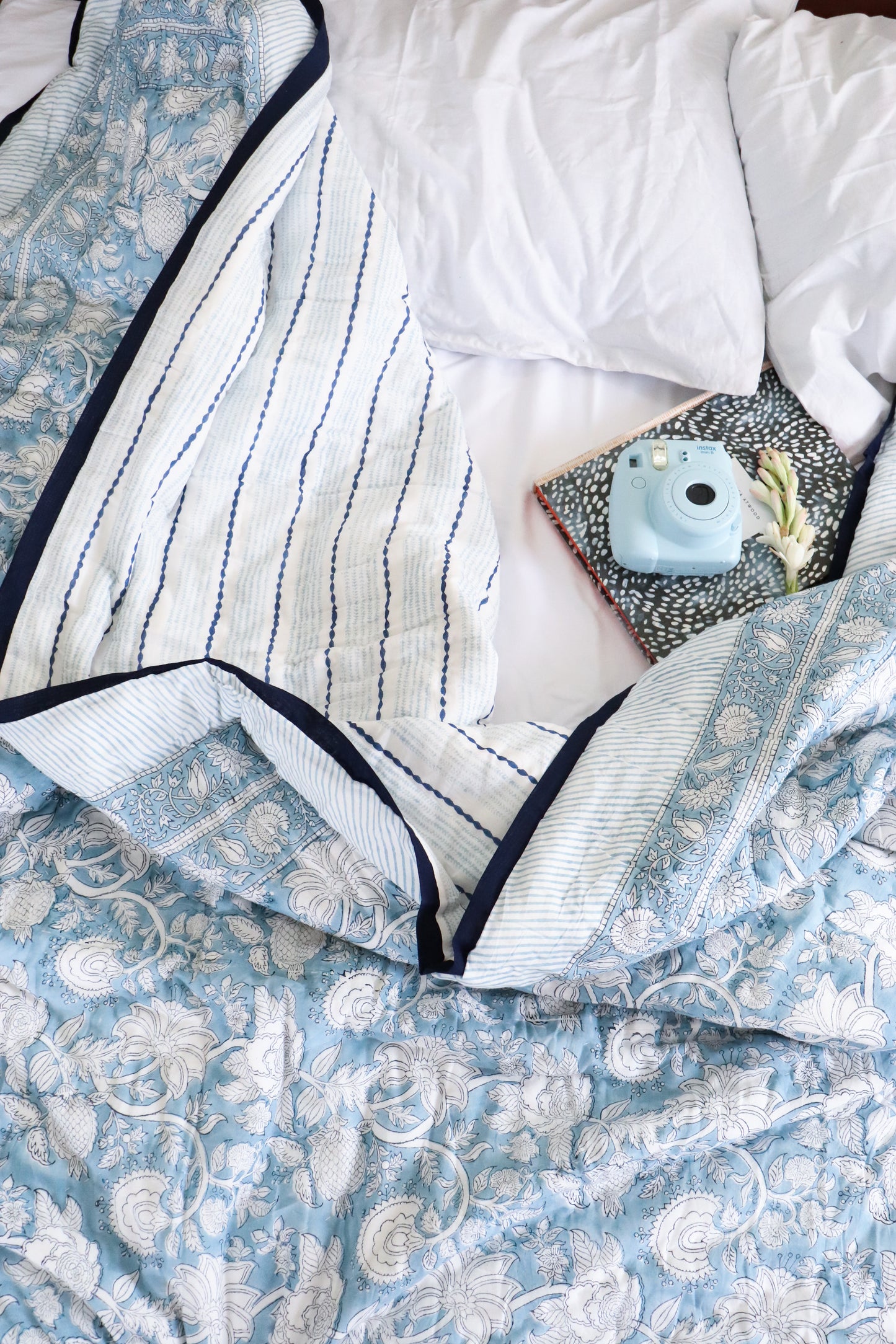 Regal Country Charm: Artisan English Blue Block Print Cotton Quilt