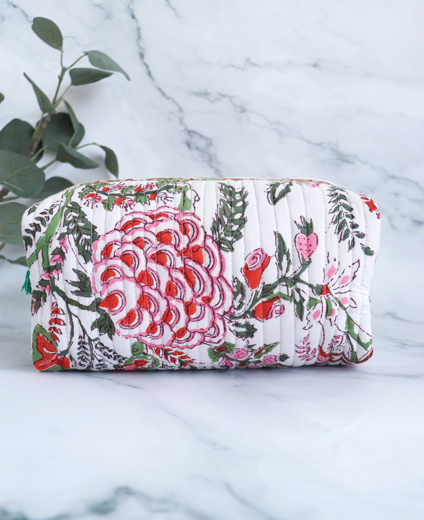 White, Red & Green Floral Quilted Cosmetic Bag