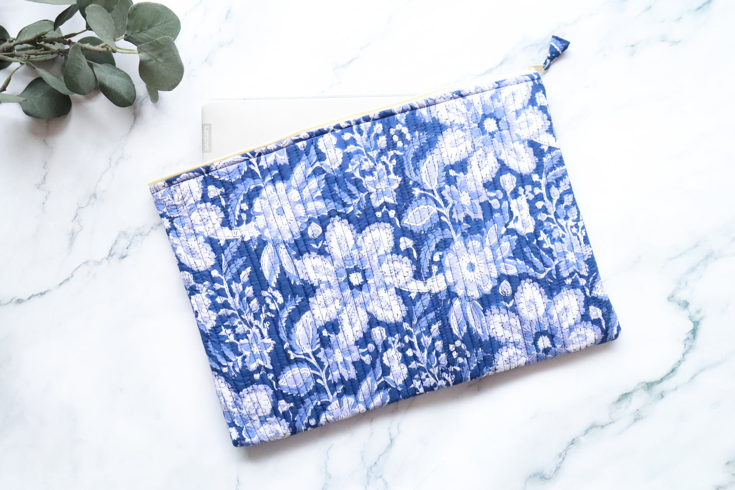 White & Blue Quilted Laptop Sleeve