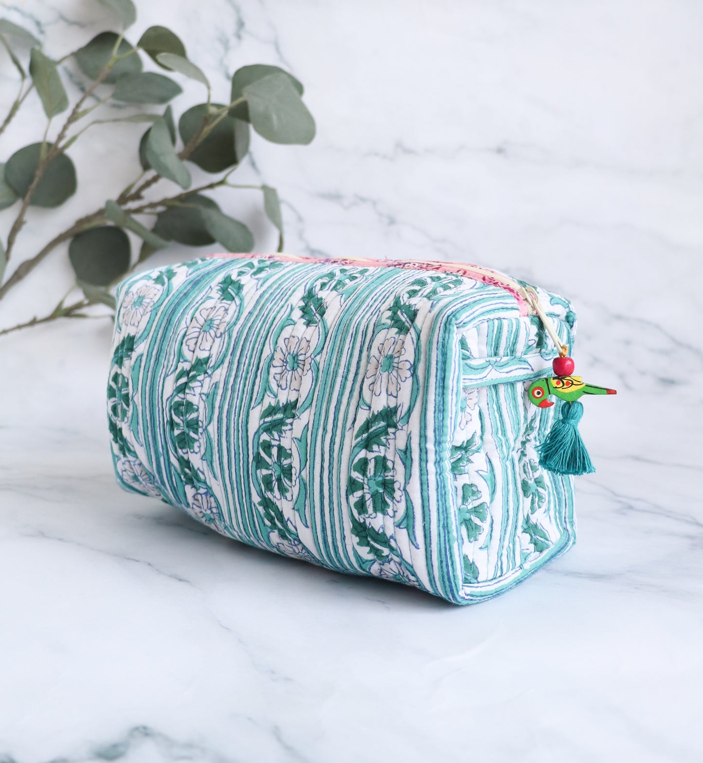 White & Green Floral Quilted Cosmetic Bag