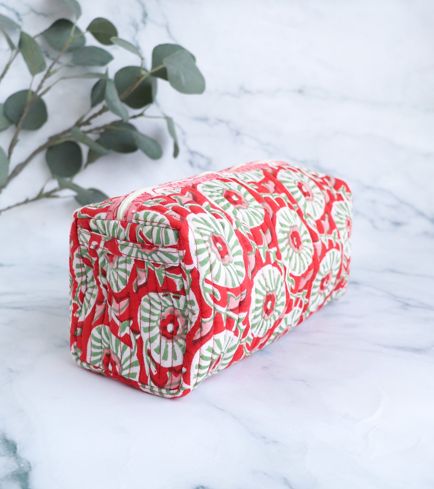 Red Floral Quilted Cosmetic Bag