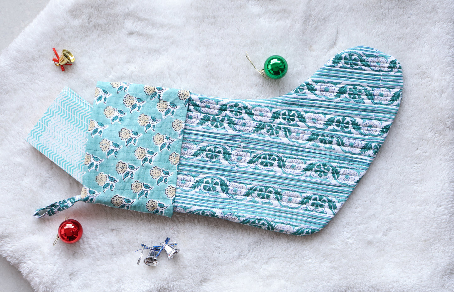 White & Green Block Print Christmas Stocking