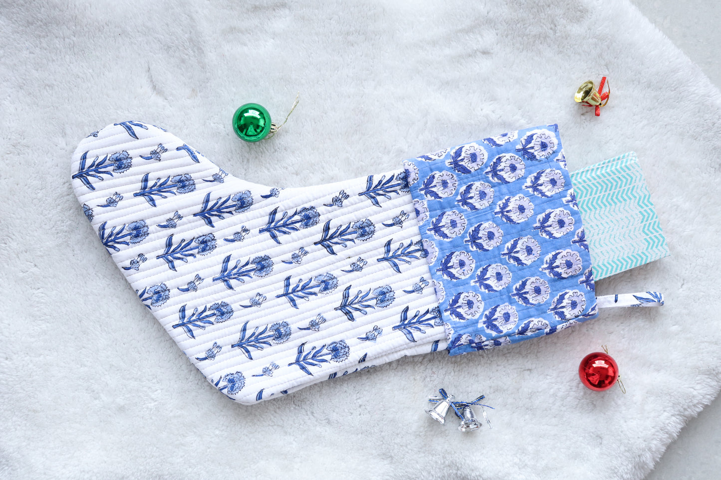 White & Blue Festive Handmade Cotton Stocking