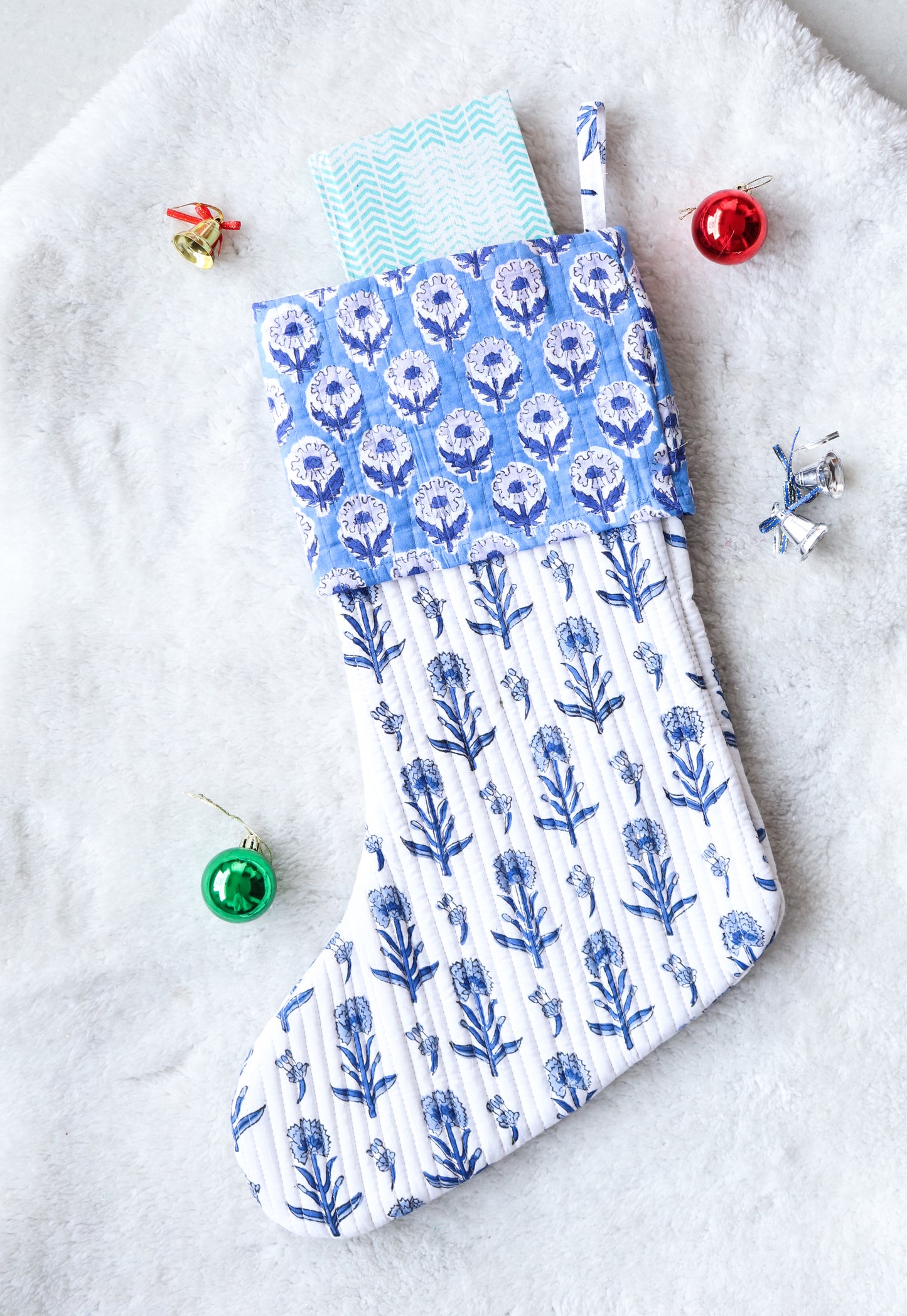 White & Blue Festive Handmade Cotton Stocking