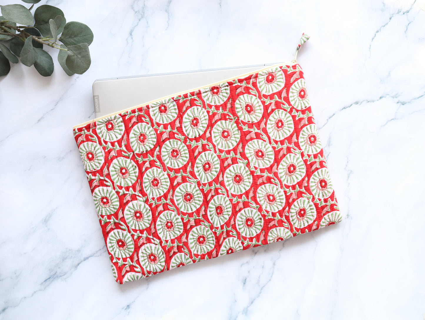 Red Laptop Sleeve - Floral Cotton Quilted Case MacBook and Tablet