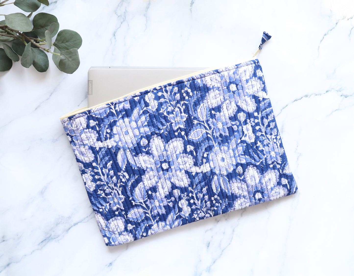 White & Blue Quilted Laptop Sleeve