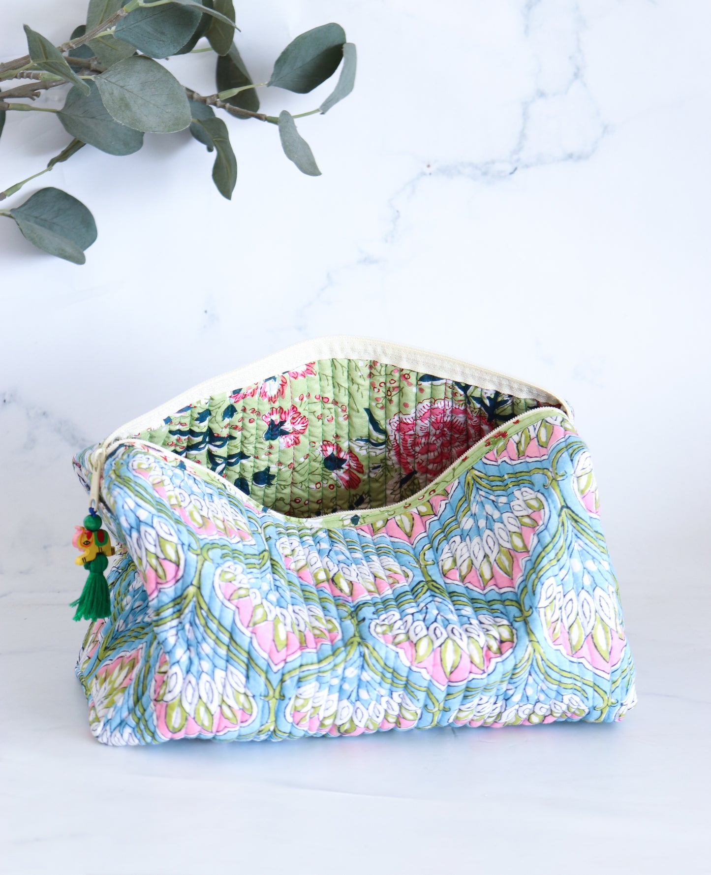 Floral Quilted Makeup Bag - Azure Blue