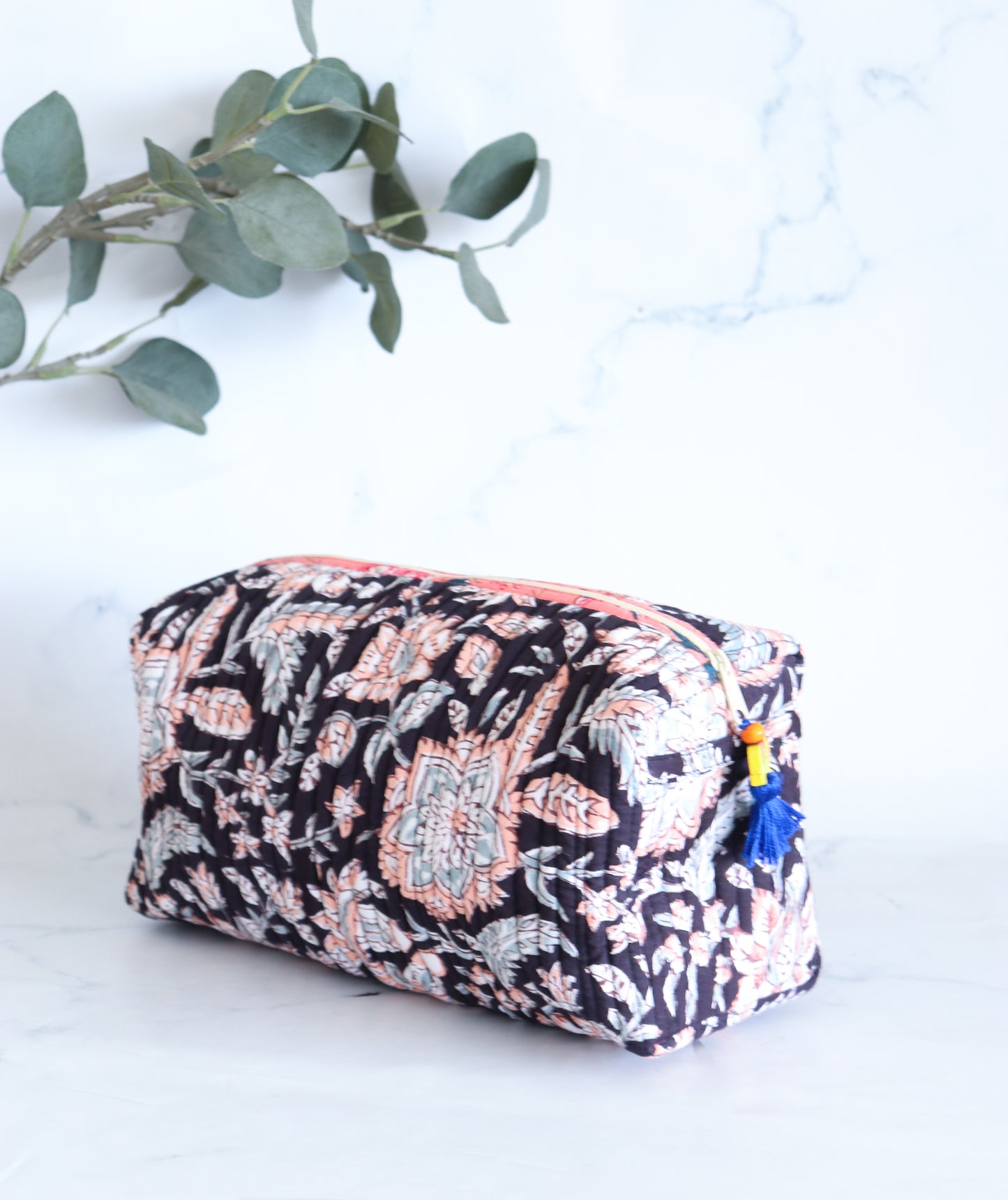 Floral Quilted Makeup Bag - Blackcurrant