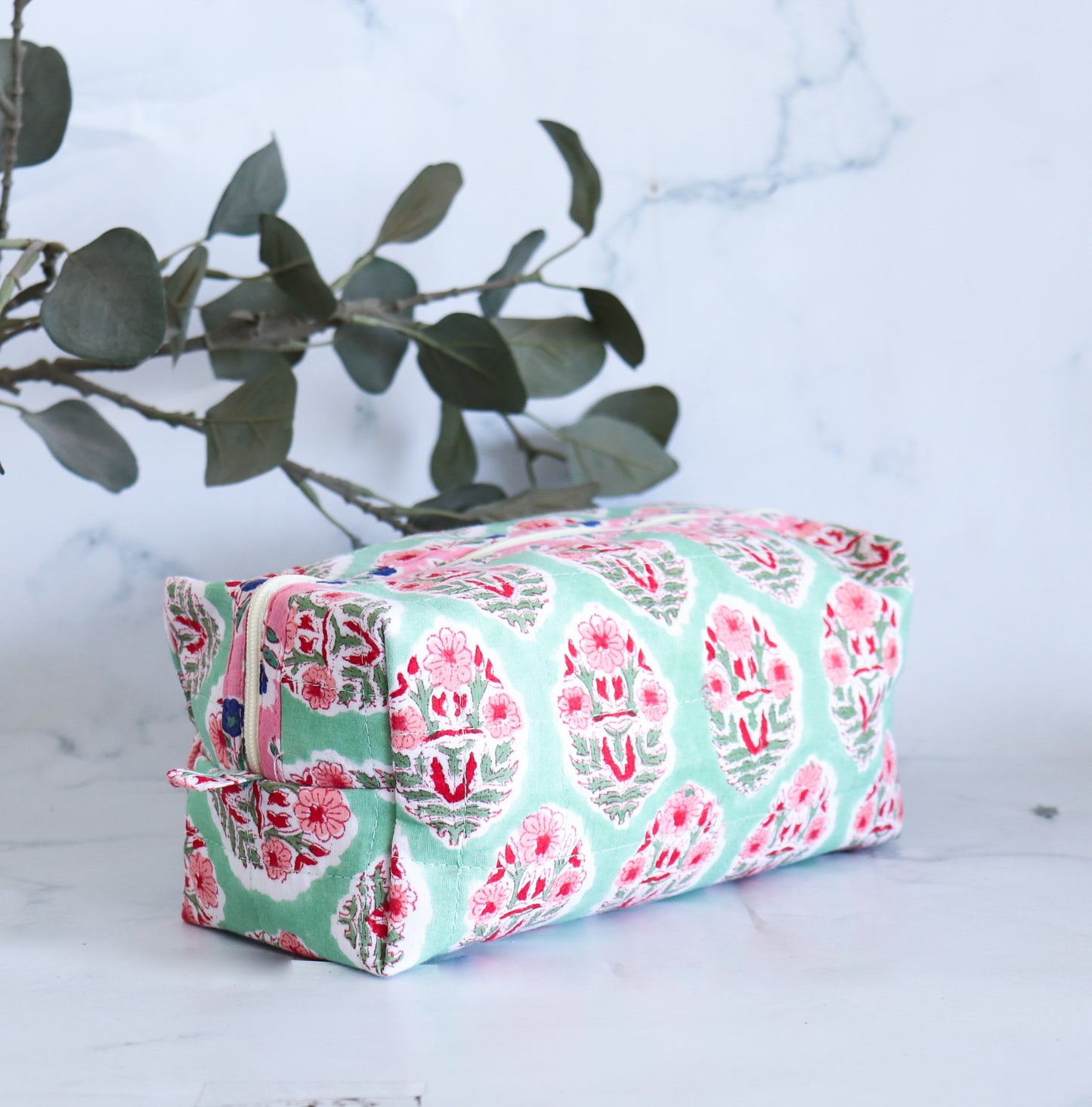 Floral Quilted Makeup Bag - Spring Green