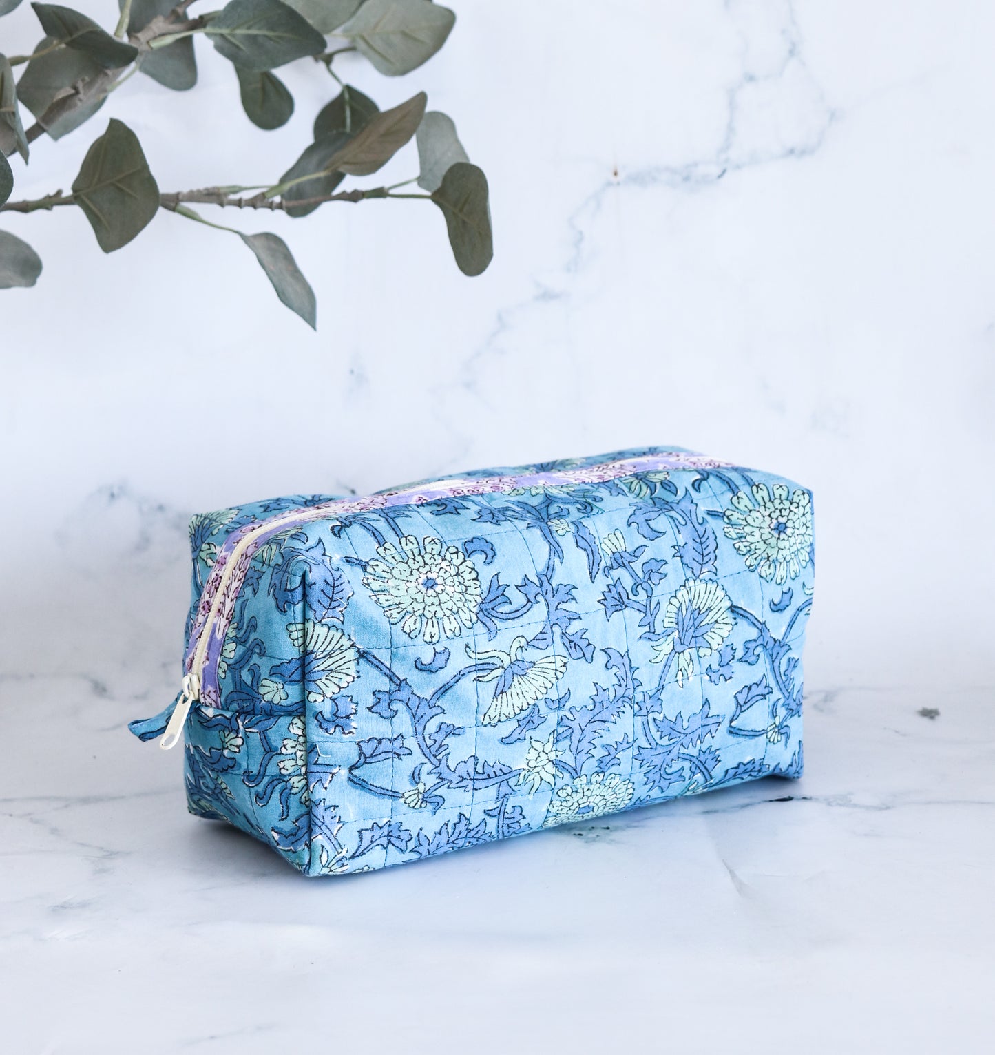 Floral Quilted Makeup Bag - Cornflower Blue