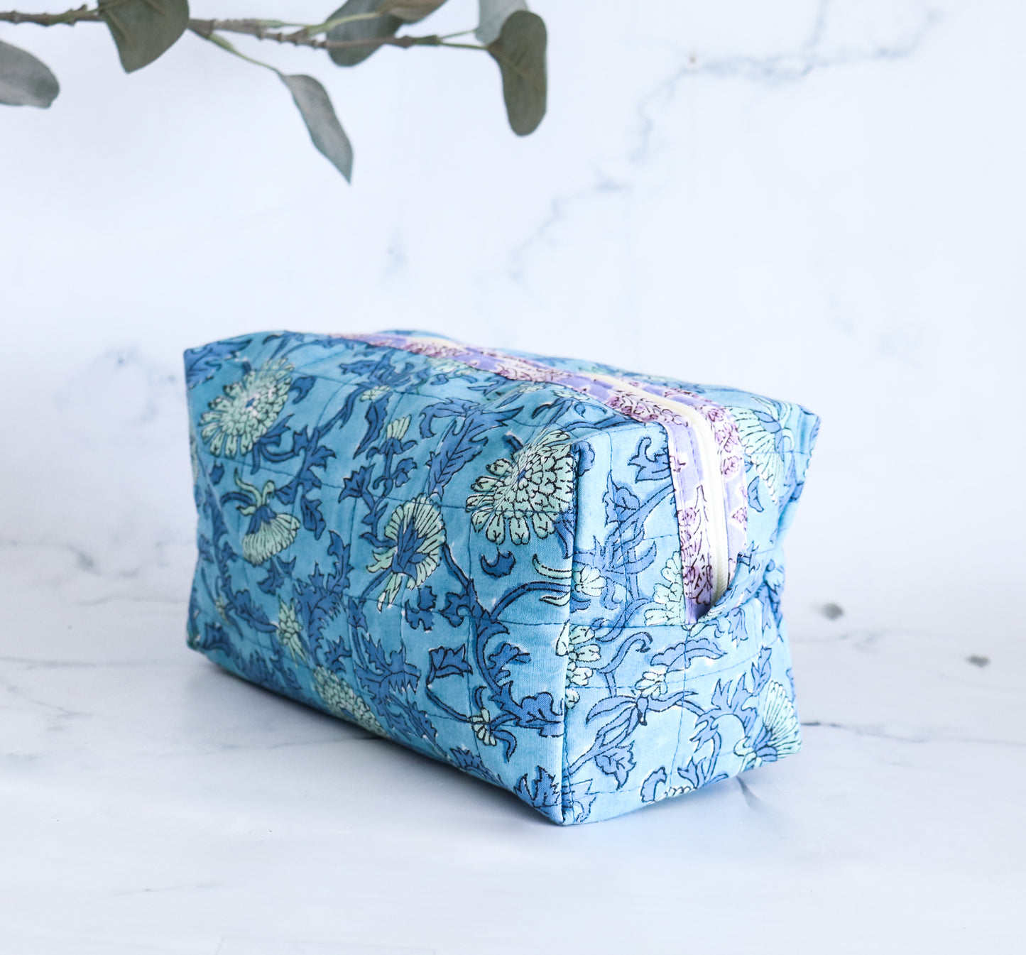 Floral Quilted Makeup Bag - Cornflower Blue