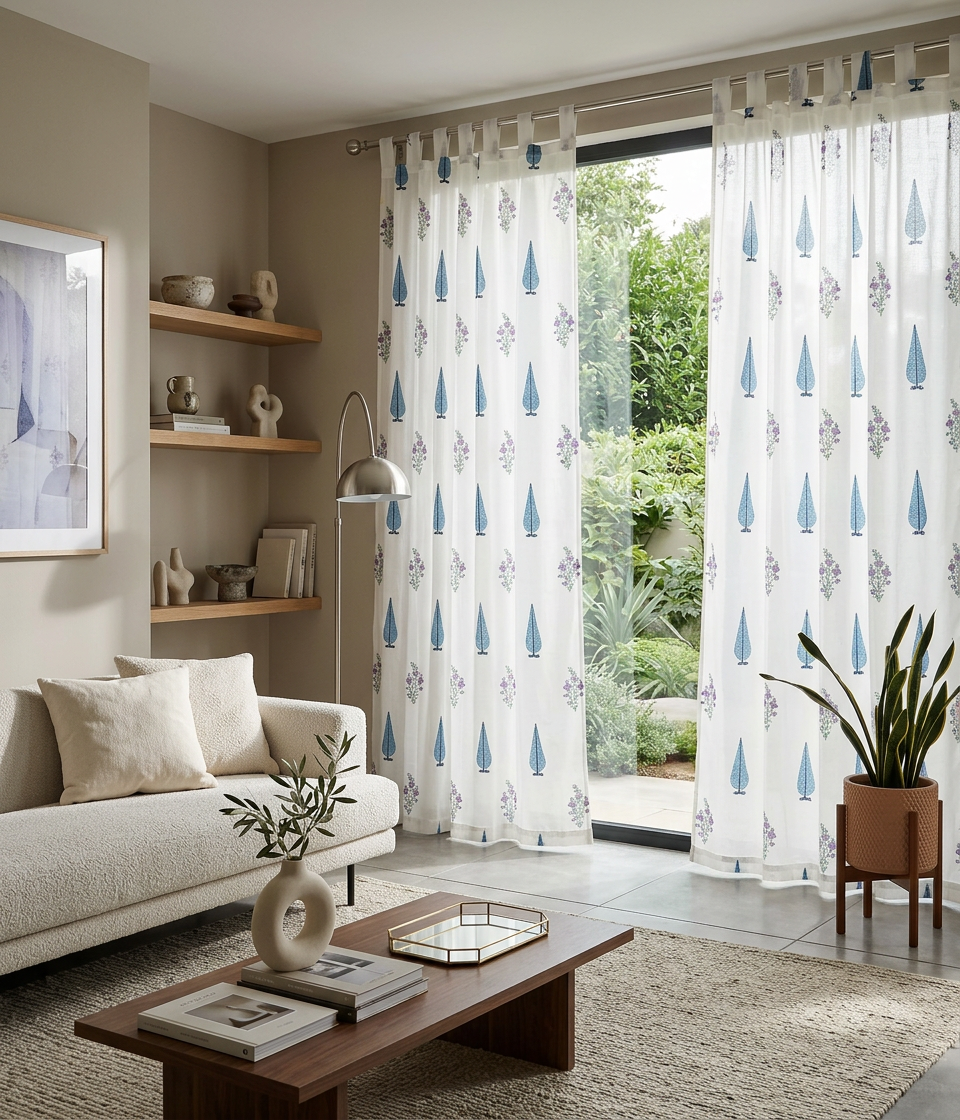 Blue Leaf Semi-Sheer Curtain