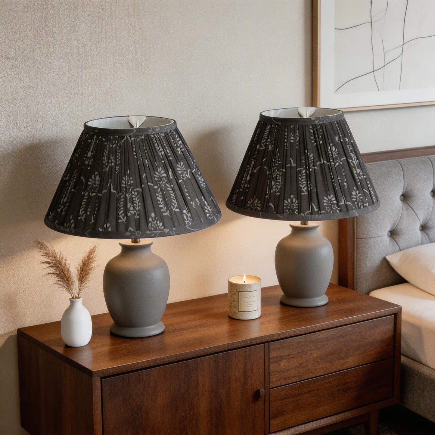 Gray Pleated Lampshade | Hand Screen Printed Fabric Shade | Neutral Empire Lamp Shade | Modern Minimal Table Lamp Shade | Spider Fitting