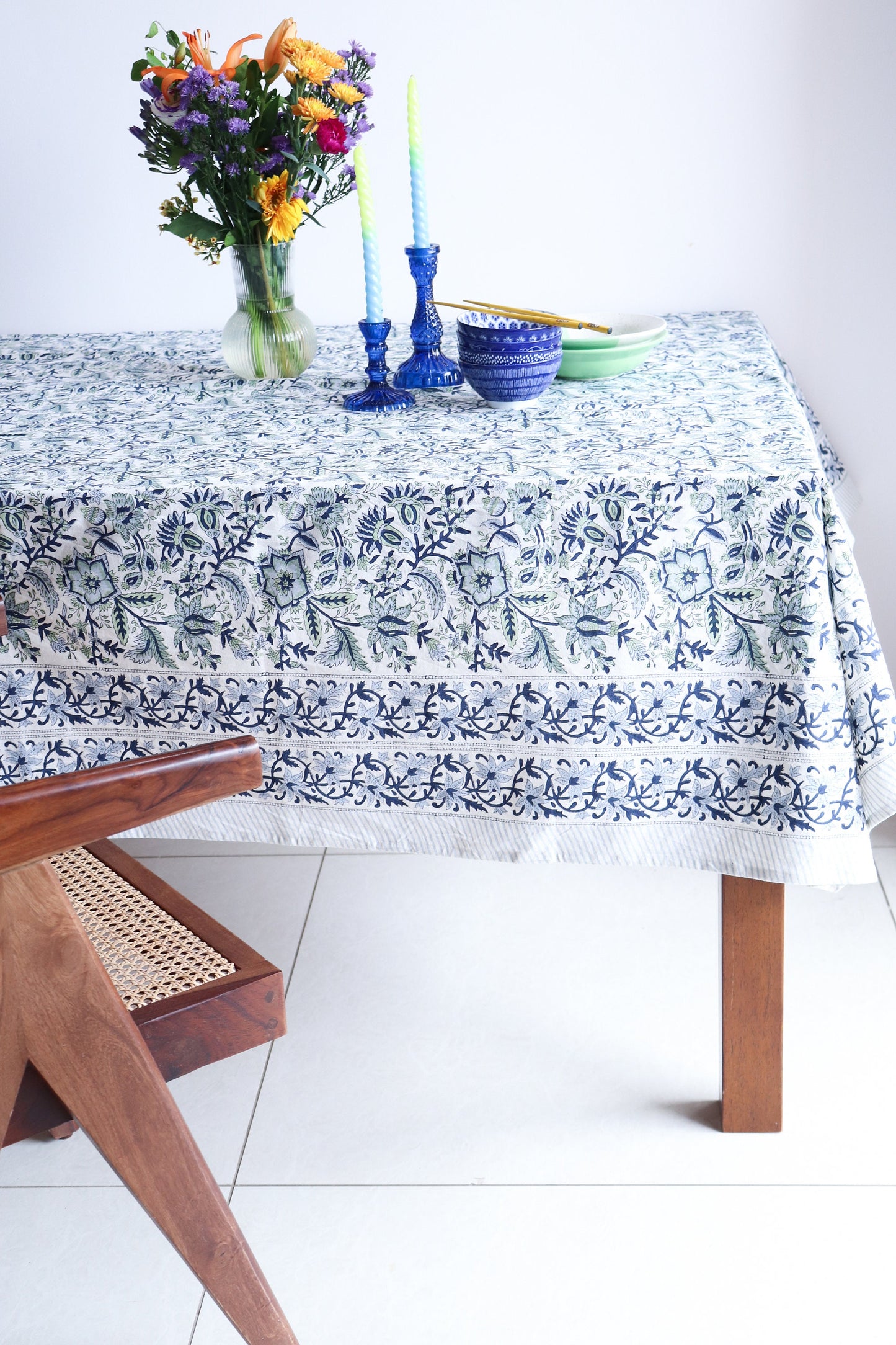Hand Block Print Tablecloth - Indigo Blue Floral Cotton, 60x90