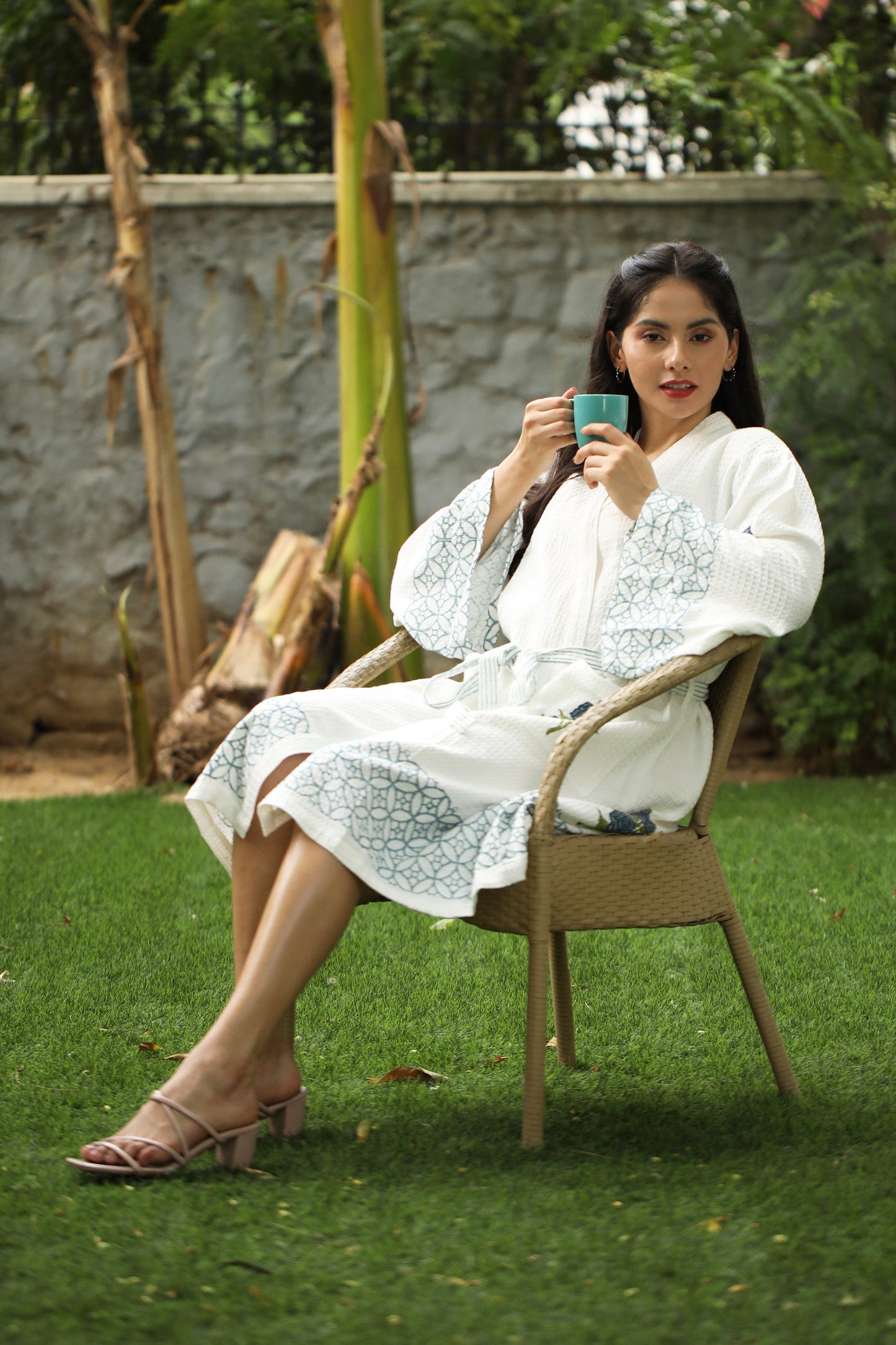 Waffle Cotton Bath Robe | Lightweight Spa Robe for Women | Block Print Cotton Robe | Absorbent Shower Robe | Soft Everyday Loungewear