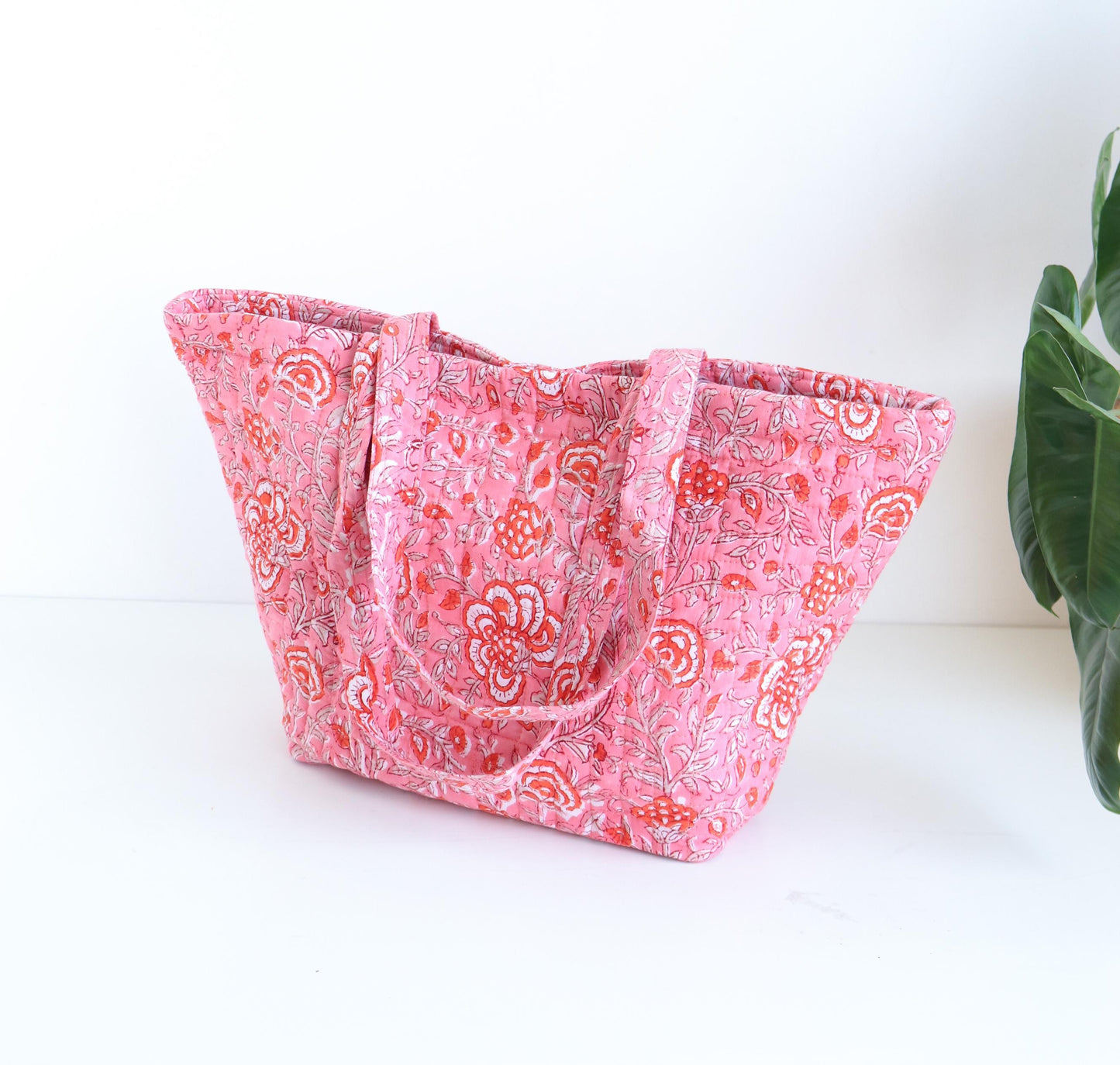 Quilted Boat Tote Bag | Pink Floral Block Print Shoulder Bag | Lightweight Travel Tote with Pocket | Everyday Market Bag | Gift for Her