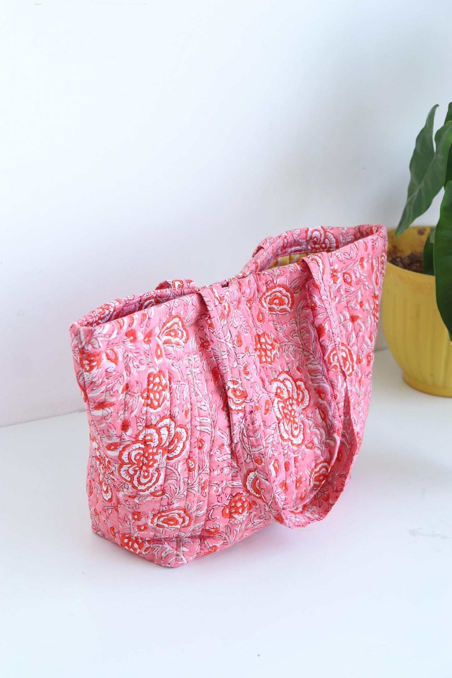 Quilted Boat Tote Bag | Pink Floral Block Print Shoulder Bag | Lightweight Travel Tote with Pocket | Everyday Market Bag | Gift for Her