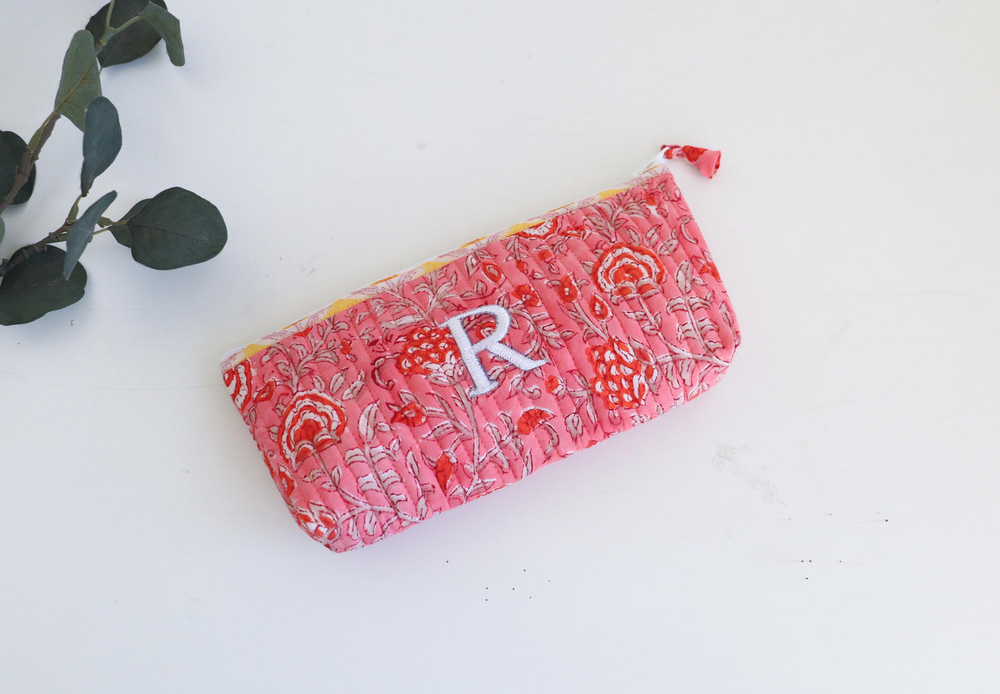 Personalized Floral Makeup Pouch – Hand Embroidered Travel Organizer