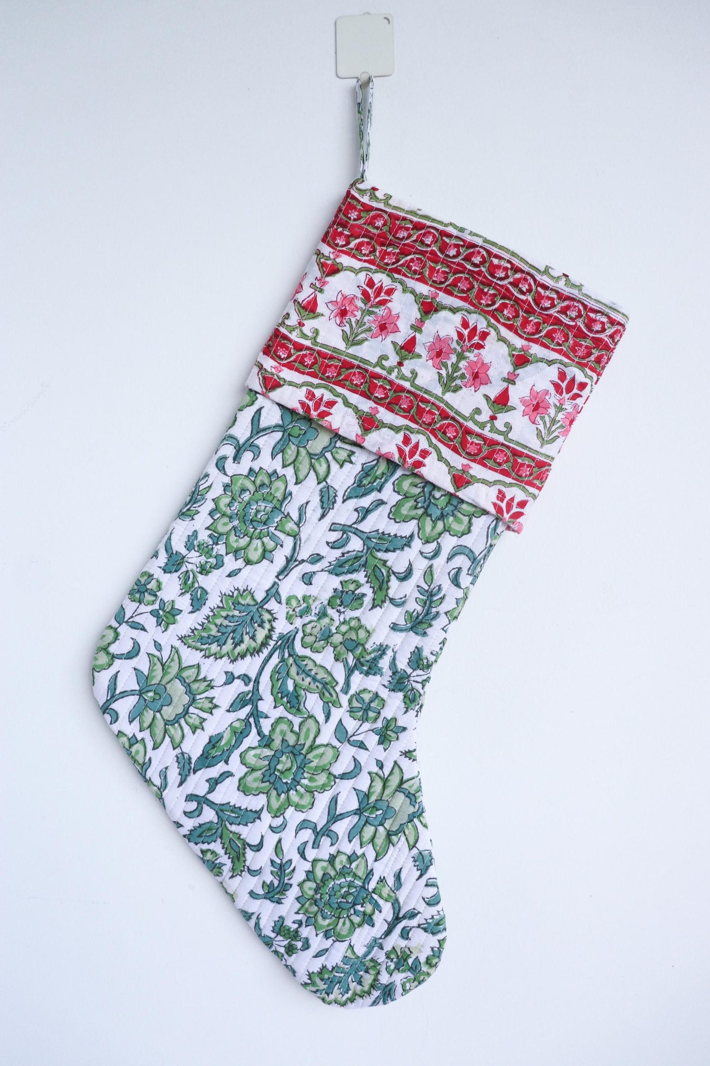 White & Green Block Print Christmas Stocking - Colorful Washable Holiday Decor - Handmade Cotton Boho Gift
