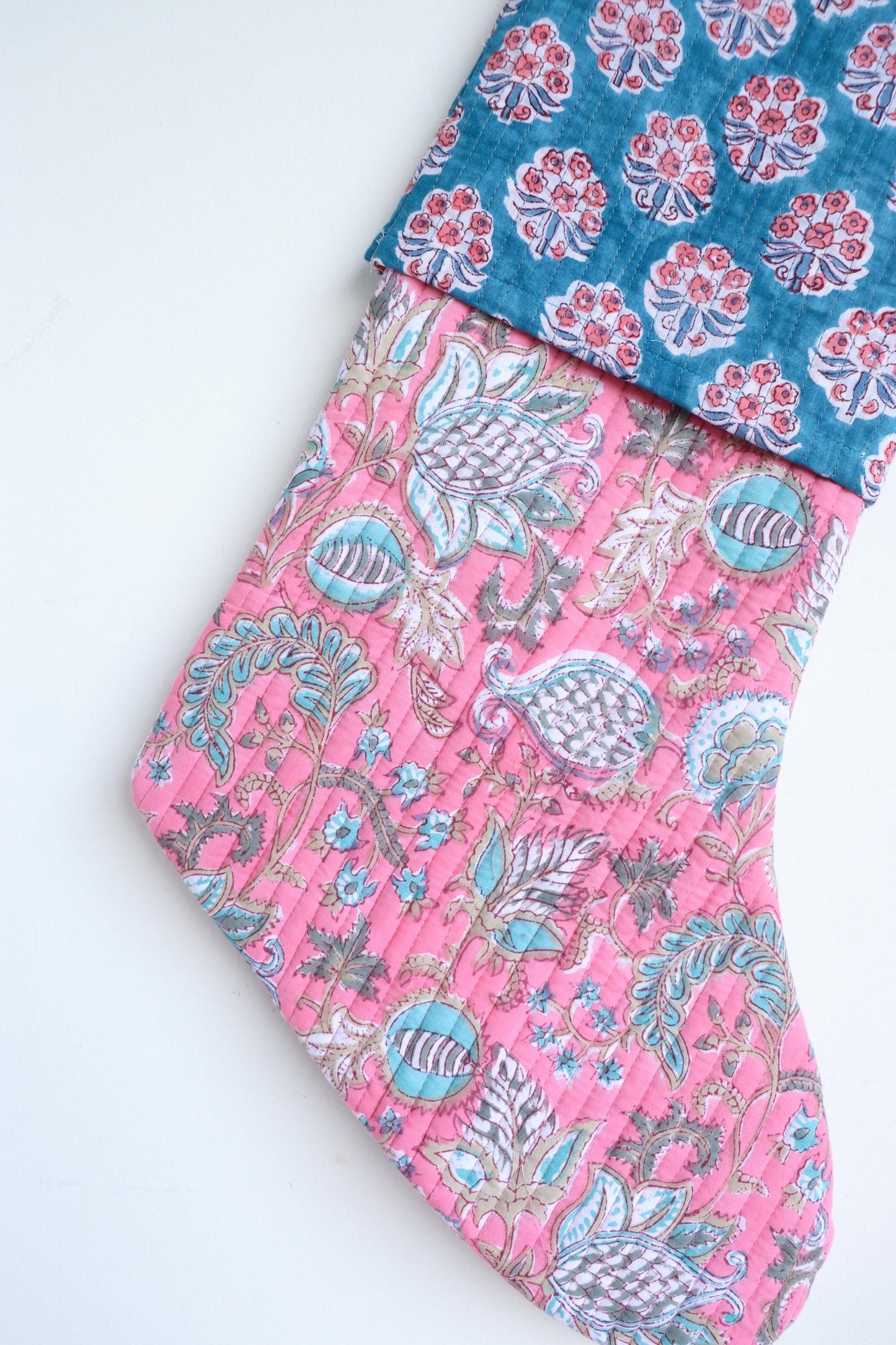 Quilted Christmas Stocking - Pink & Blue Block Print, Farmhouse Decor