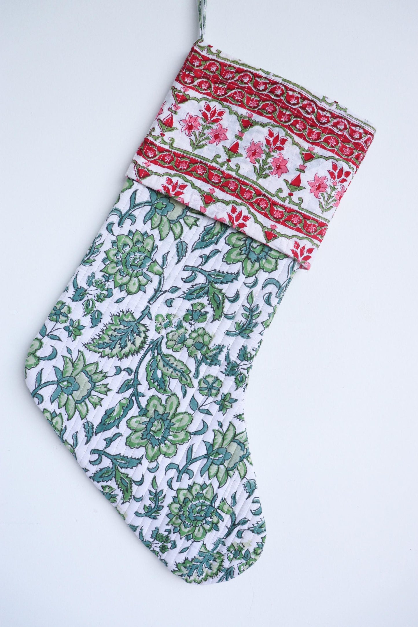 White & Green Block Print Christmas Stocking - Colorful Washable Holiday Decor - Handmade Cotton Boho Gift