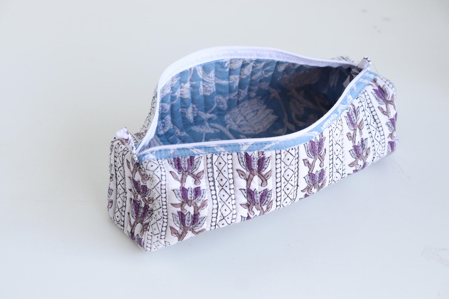 White and Purple Quilted Pencil Pouch, Makeup Brush Holder, Teacher's Gift, Mini Cosmetic Bag, Jewelry Pouch, Handmade Case, Round Bag