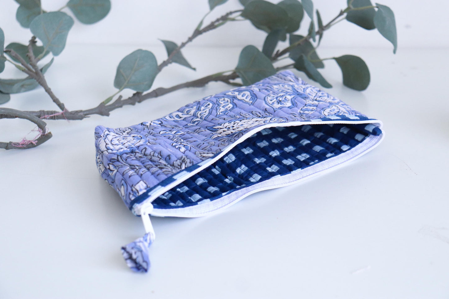 Floral Makeup Bag โ Foldable Cotton Travel Organizer - Zipper Utility Pouch - Small Accessories Kit - Purple Pencil Case - Blue Brush Holder