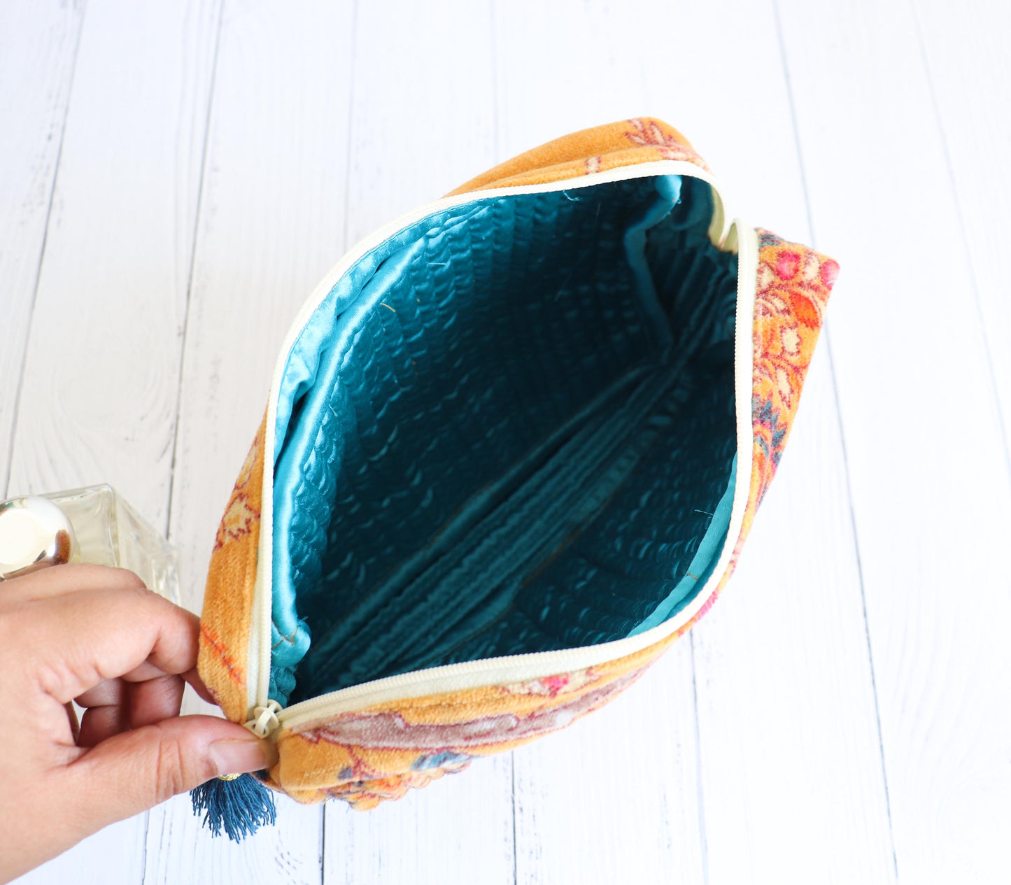 Luxury Velvet Makeup & Vanity Bag Set of 2 | Quilted Cotton Velvet Pouches with Satin Lining | Christmas Gift for Her | Gift Wrapped