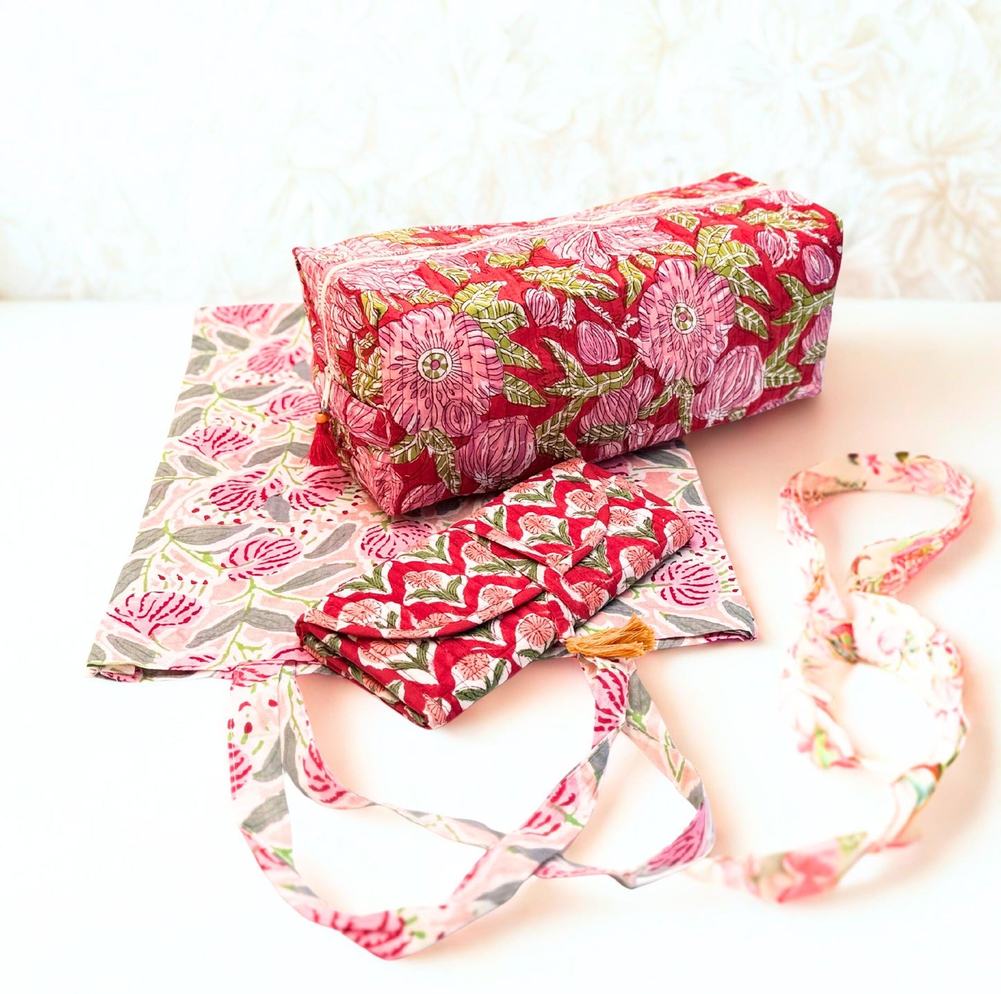 Luxury Travel Gift Set | Dyson Hair Tool Bag, Jewelry Organizer Roll + Free Tote | Quilted Travel Organizer Set | Hand Block Printed Bags