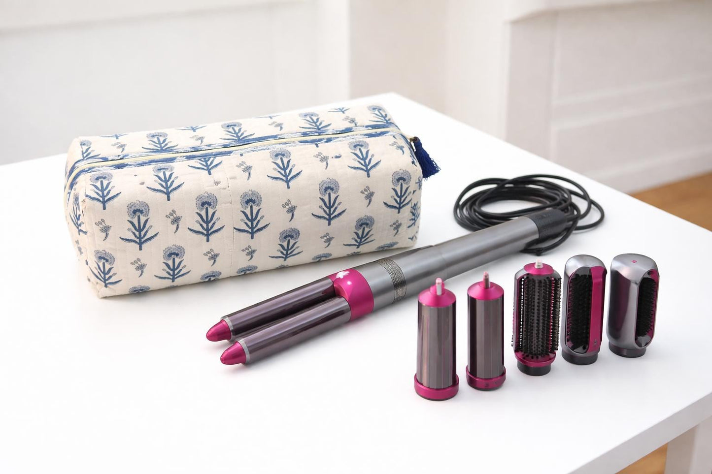 Cute Dyson Airwrap Bag, Travel Hair Dryer Storage Bag, Portable Hair Accessories Travel Case, Quilted Block Print Cotton Hair Tool Organize