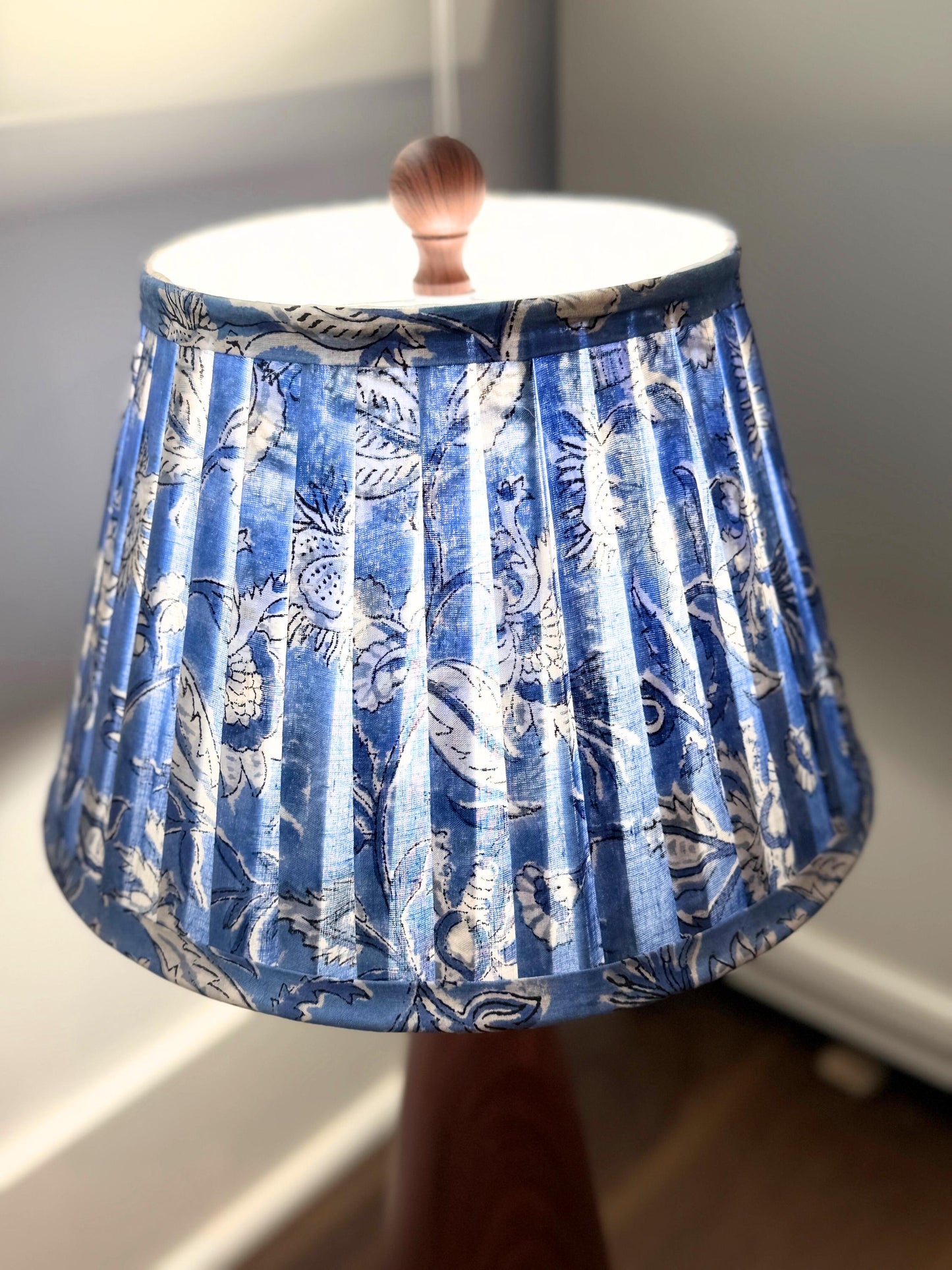 Hand Blue Lampshade | Pleated Cotton Lamp Shade | Floral Indian Block Print | Boho Coastal Table Lamp Shade | Spider Fitter