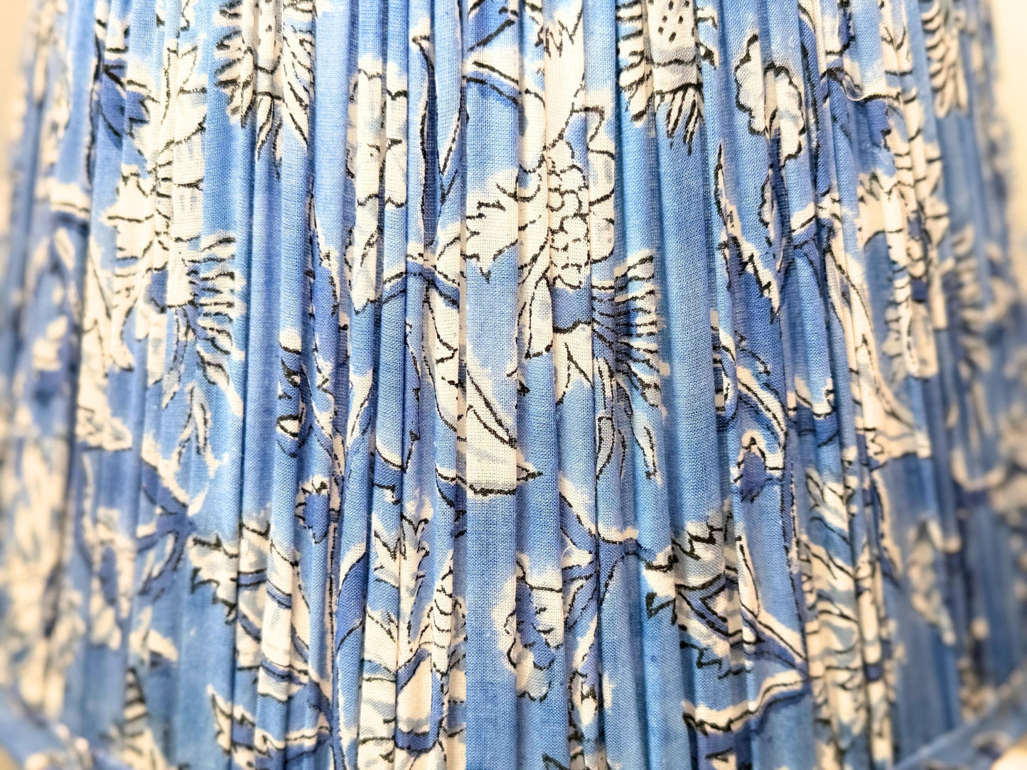 Hand Block Printed Cotton Lampshade - Blue Floral Gathered Pleat Lamp Shade - Handmade Indian Fabric Pleated Shade - Spider Fitter