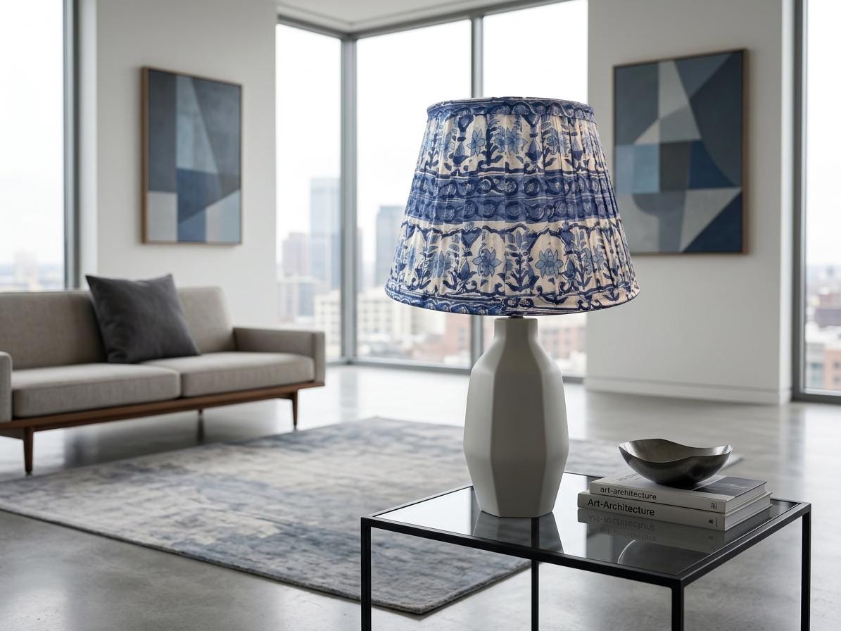 Block Printed Blue Lampshade | Handmade Cotton Lamp Shade | Indian Floral Table & Floor Lamp Shade | Box Pleat l Home Decor | Spider Fitter