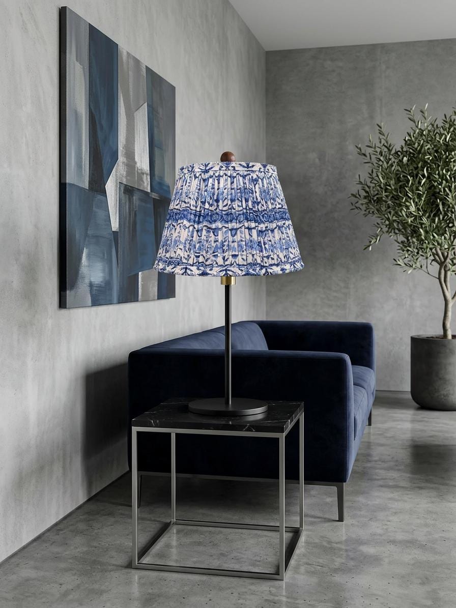 Hand Cotton Lampshade – Blue Floral Pleated Lamp Shade – 7.5x12x8 Inch – Handmade Indian Fabric Shade - Spider Fitter Shade