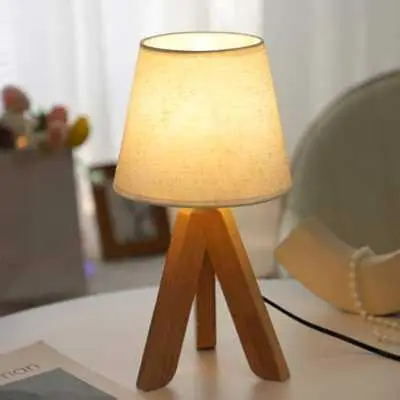 Natural Wood Tripod Table Lamp with Fabric Shade