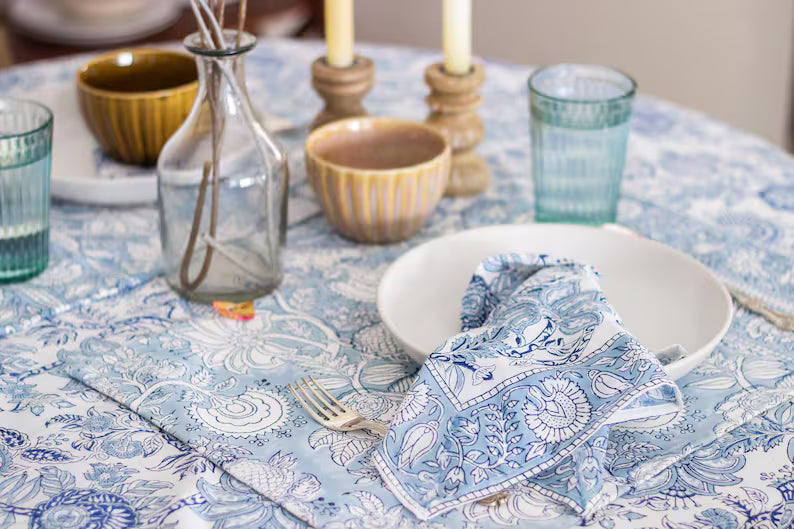 Blue Floral Block Print Placemats - Set of 6