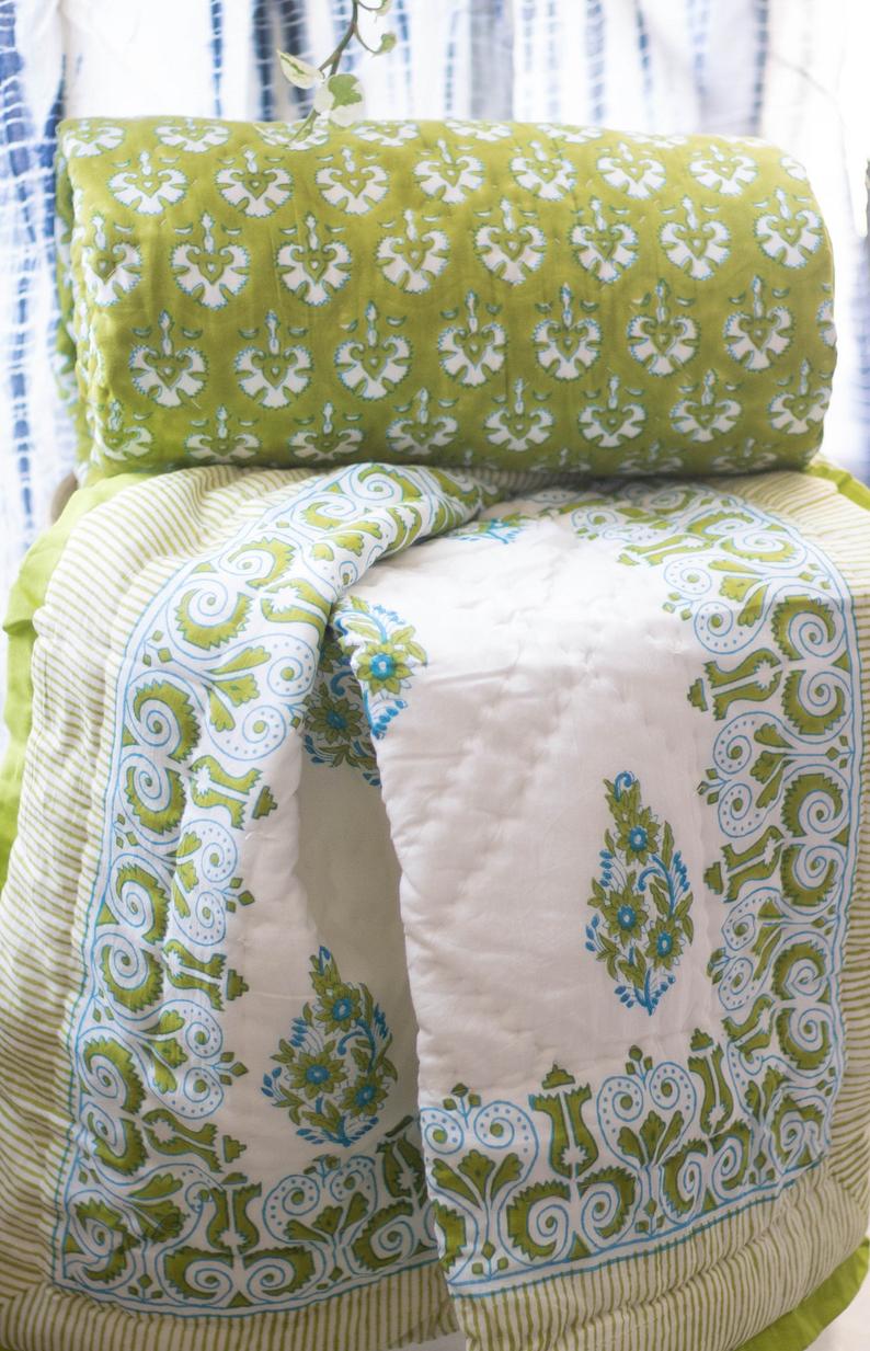 Verdant Oasis: Forest Inspired Lime Green and Blue Block Print Cotton Quilt