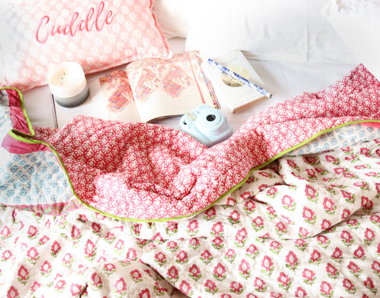 Whimsical Garden: Pink Playful Enchantment Cotton Quilt