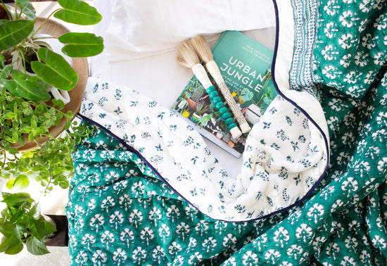 Serene Emerald Leaf: The Auspicious NavRatna inspired Cotton Quilt