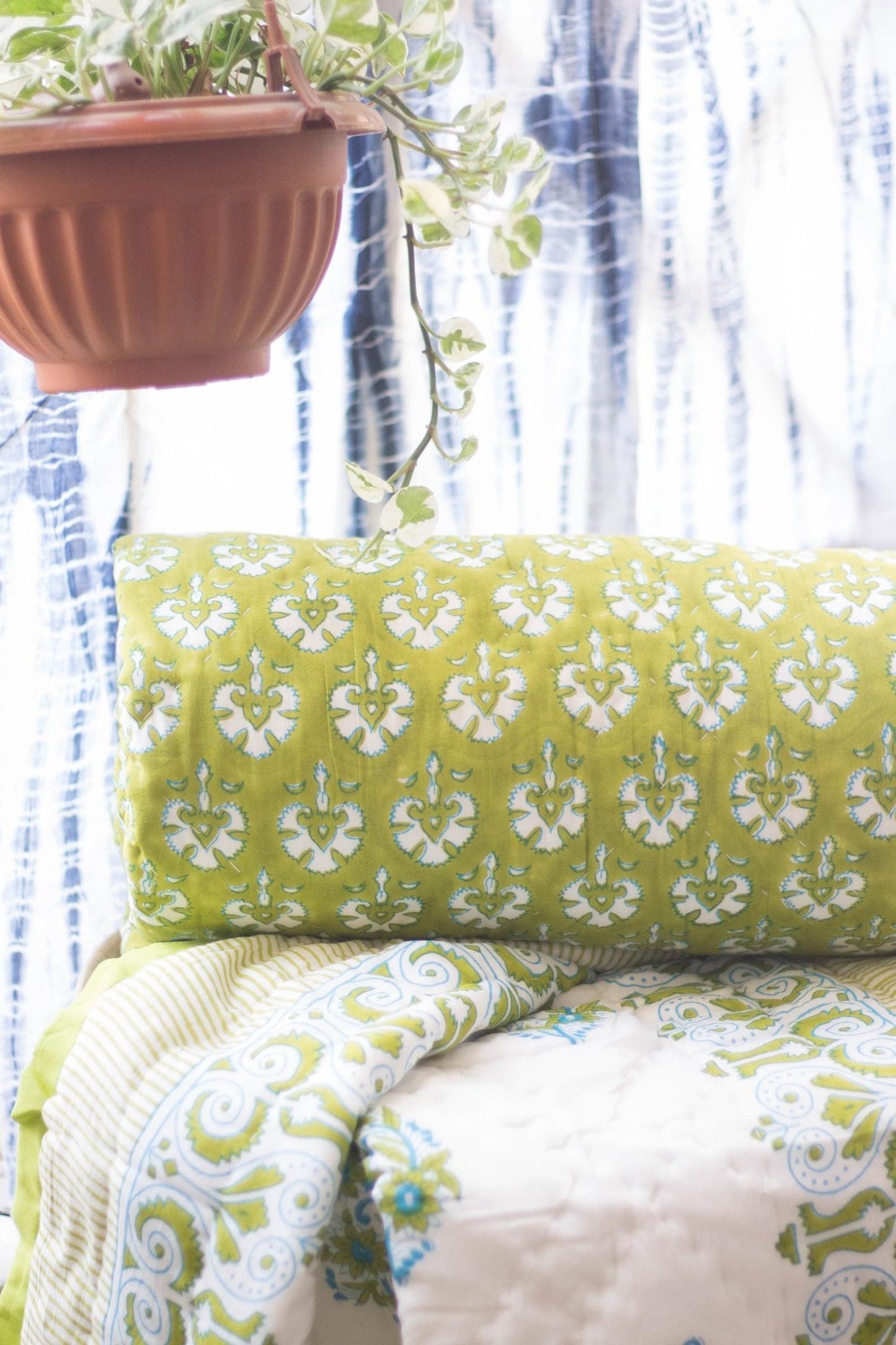 Verdant Oasis: Forest Inspired Lime Green and Blue Block Print Cotton Quilt