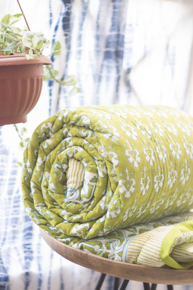 Verdant Oasis: Forest Inspired Lime Green and Blue Block Print Cotton Quilt