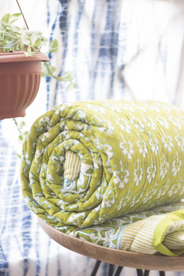 Verdant Oasis: Forest Inspired Lime Green and Blue Block Print Cotton Quilt