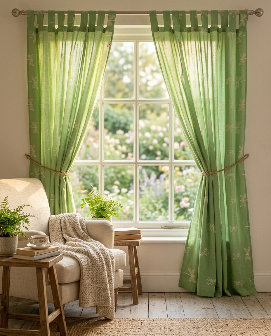 Dragonfly Green Semi-Sheer Curtain