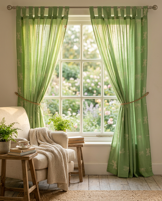 Dragonfly Green Semi-Sheer Curtain