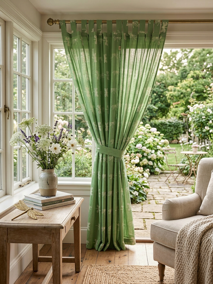 Dragonfly Green Semi-Sheer Curtain