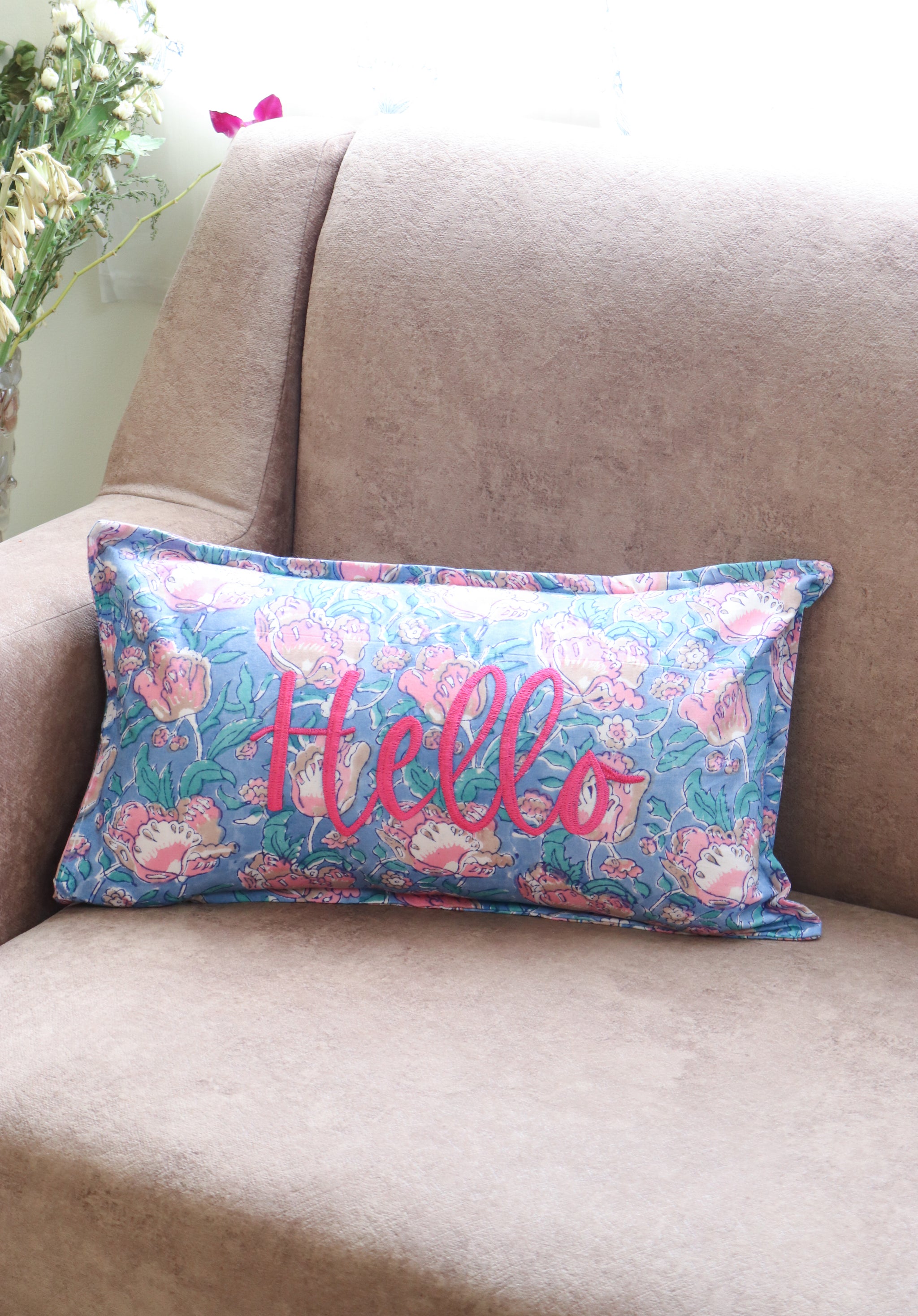 Hello Hand Embroidered Pillow